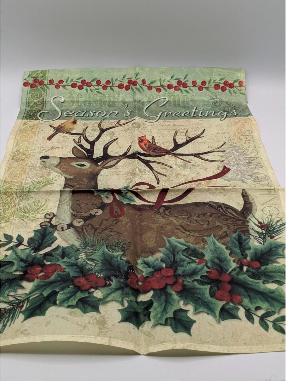 Season's Greetings Christmas Nylon Garden Flag with Reindeer and Holly 18" x 12"